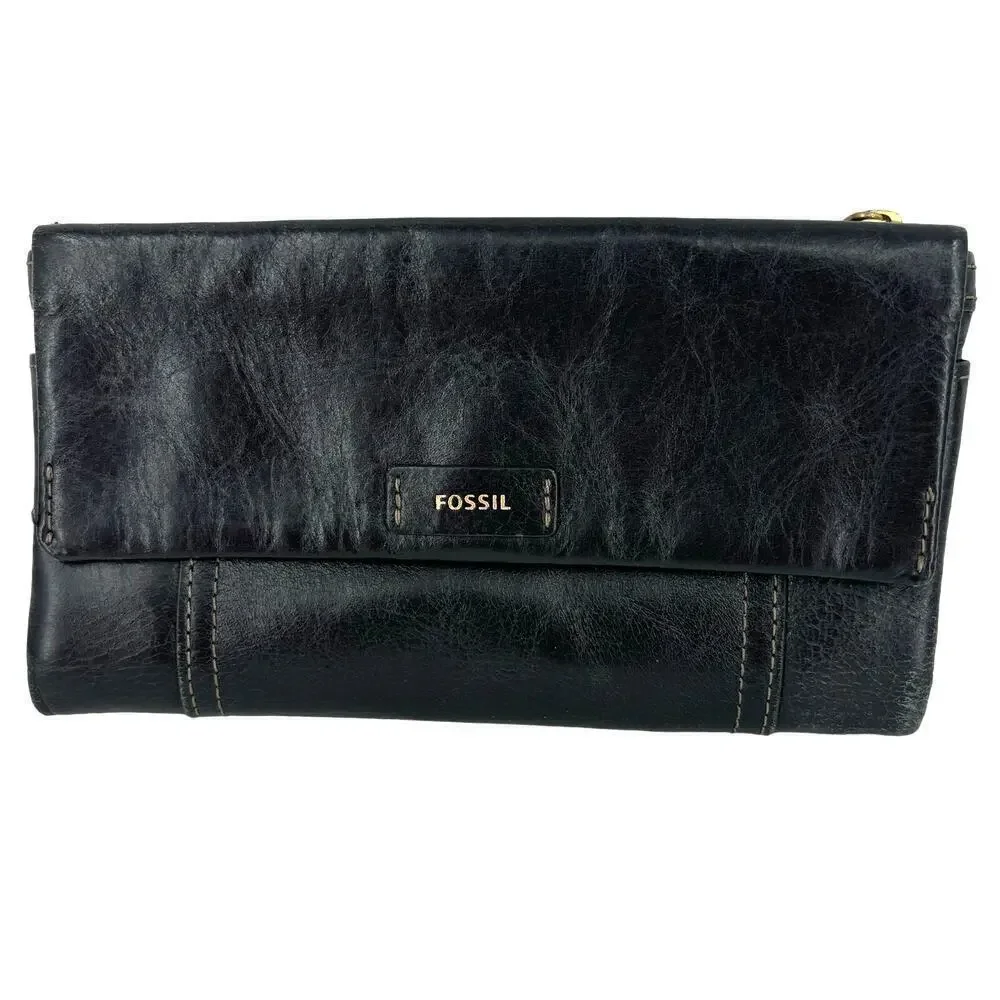 Fossil Folding Wallet Black Leather ID‎ Window Credit Card Coin Zip Pocket